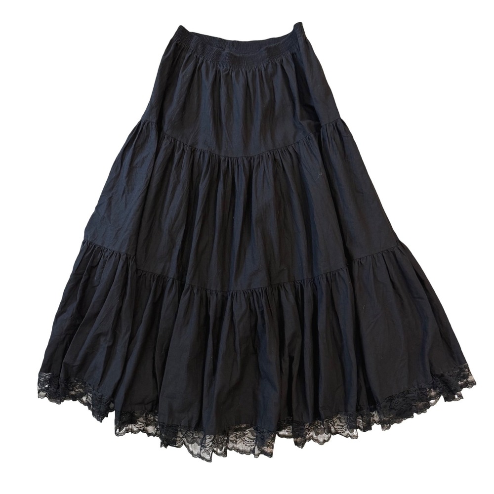 VTG 80s Ozark Mountain Black Cotton Tiered Prairie Maxi Skirt Lace Trim L EUC